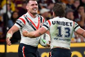 Roosters' Angus Crichton has entered Origin calculations with his form at left second-row. (Jono Searle/AAP PHOTOS)